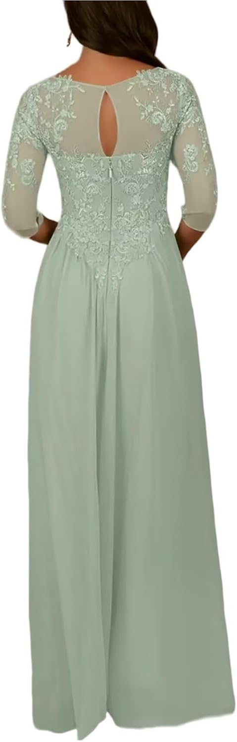 DMCDBHY Women's Chiffon Mother of The Bride Dress Lace Applique 3/4 Sleeve Formal Evening Gown