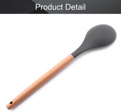 Cooking Kitchenware Tool Silicone Utensils with Wooden Multifunction Handle Non-Stick Spatula Ladle Egg Beaters Shovel New (brown)