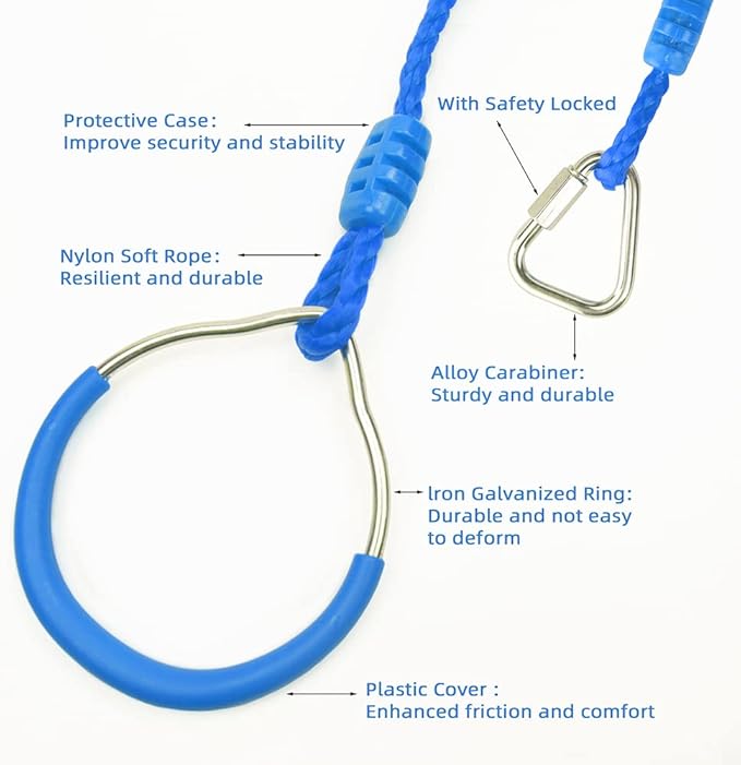 Ninja Ring Backyard Gymnastic Fitness Fist Jungle Gym Play Set Kids Playground Training Equipment, 2 Blue Fun Swing Monkey Bar Hang Climbing Ring Warrior Obstacle Course Trapeze Slackline Attachments