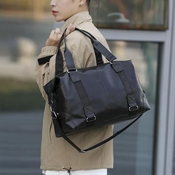 Travel Bag for Men PU Leather Shoulder Bag Stylish Handbag Gym Bag with Adjustable Shoulder Strap (Black)