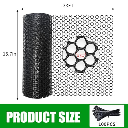 Black Plastic Chicken Wire mesh 15.7IN x 33FT,Plastic Chicken Wire Fencing,Poultry Netting,Plastic mesh for Garden,Balcony Fence,Chicken Wire Frame for Crafts, Floral Mesh.with 100 Ties