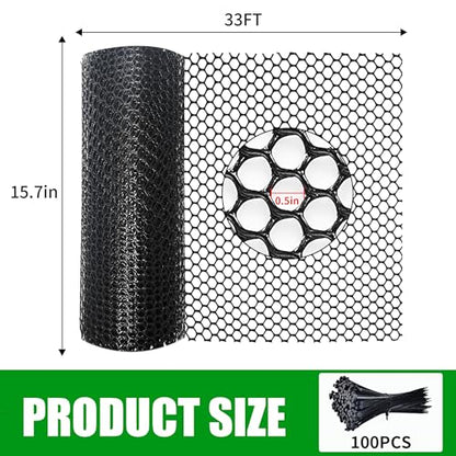 Black Plastic Chicken Wire mesh 15.7IN x 33FT,Plastic Chicken Wire Fencing,Poultry Netting,Plastic mesh for Garden,Balcony Fence,Chicken Wire Frame for Crafts, Floral Mesh.with 100 Ties