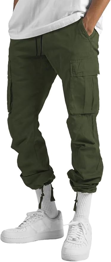 Mens Cotton Loose Athletic Joggers Pants Stretch-Waist Casual Straight Cargo Sweat-Pants
