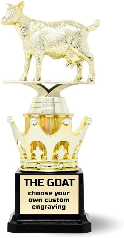 Alpha Awards Goat CUSTOM Trophy - G.O.A.T. - Greatest of All Time Funny Trophy Award - Appreciation Gift for Boss, Coworker, Friend - League Champion Award Winner (Plate reads: "The G.O.A.T Best dessert!" In black, "Fugaz One" font