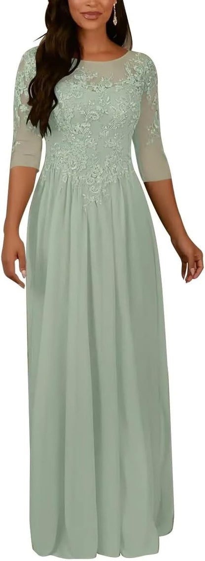 DMCDBHY Women's Chiffon Mother of The Bride Dress Lace Applique 3/4 Sleeve Formal Evening Gown