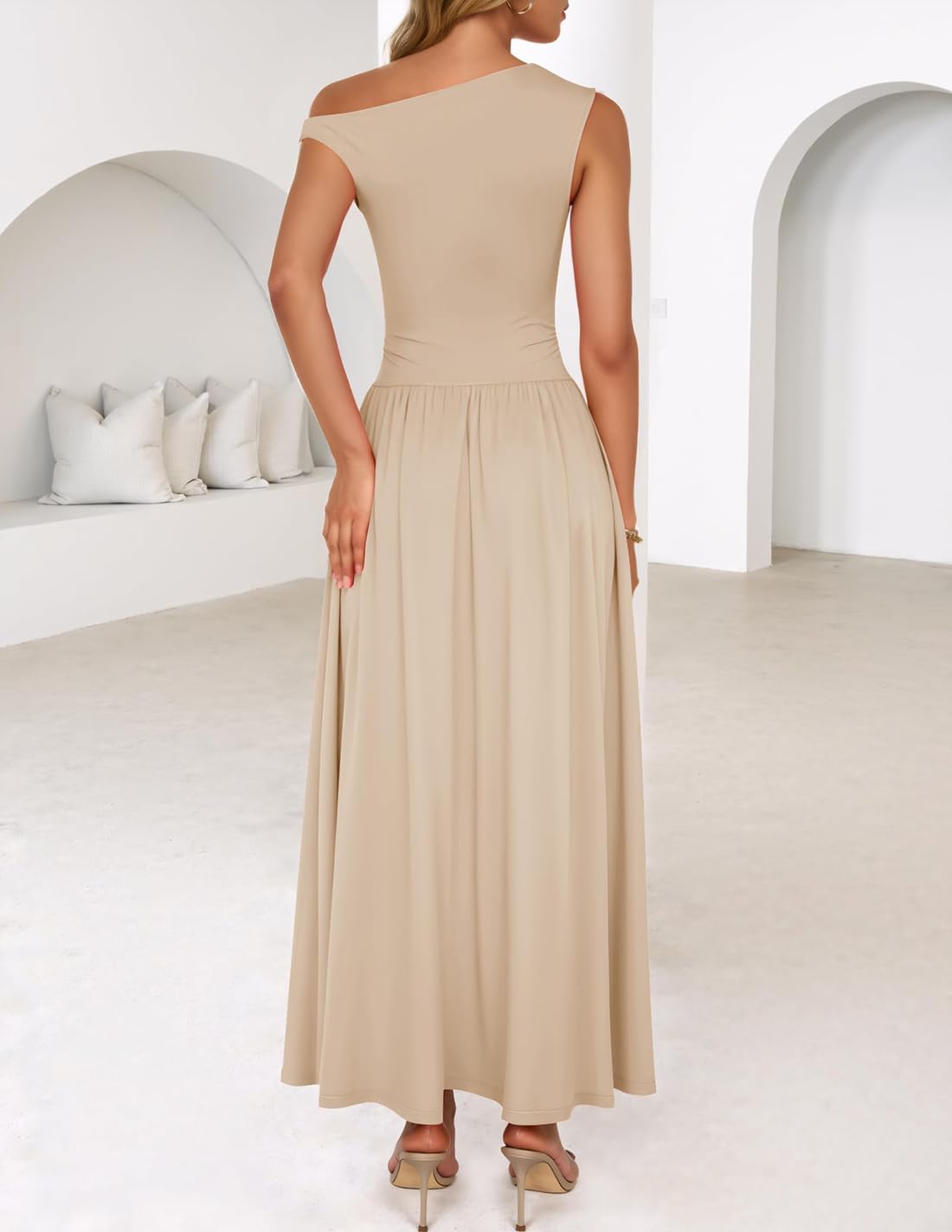 ZESICA Women's Summer 2026 Sleeveless Maxi Dress One Shoulder Casual Slim Swing Pleated Formal Dresses with Pockets.