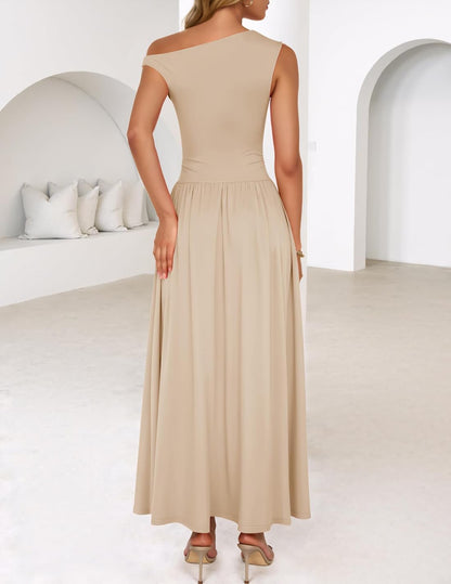 ZESICA Women's Summer 2026 Sleeveless Maxi Dress One Shoulder Casual Slim Swing Pleated Formal Dresses with Pockets.