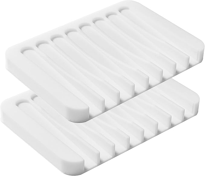 2PCS KAJUDA Self Draining Soap Dishes, Premium Silicone Soap Holder  Saver for Shower, Bathroom, Bath Tub, Razor, Sponges, Bar Soap Dish to Keep Soap Dry, Can Extend Soap Life, Easy Clean (White)