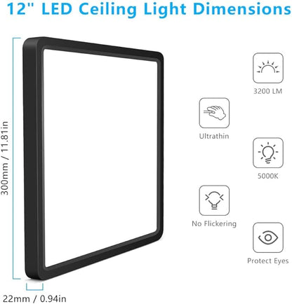 12Inch 24W Square LED Ceiling Light Fixtures Flush Mount, 5000K Daylight White LED Ceiling Lamp, Surface Mount Modern Ceiling Lights, Black Slim Flat Panel Lighting for Bedroom, Kitchen, Bathroom Etc