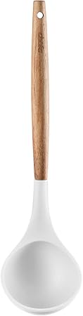 Silicone Soup Ladle - with Wooden Handle, Non-Stick Cookware Heat Resistant Kitchen Utensil - White