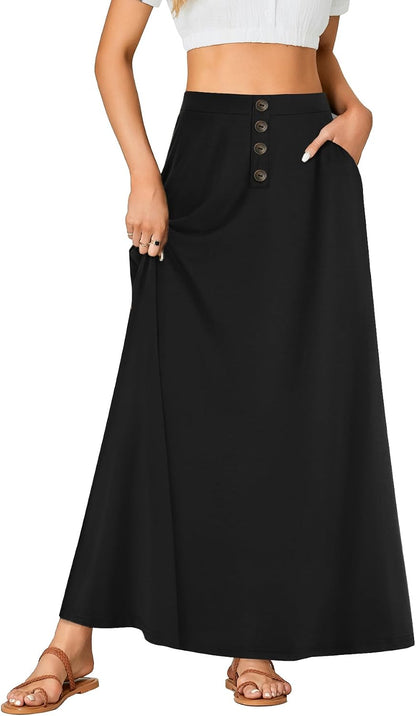 Rooscier Women's High Waist Button Front A-Line Long Maxi Skirt with Pockets