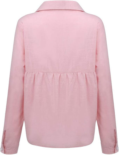 Womens Boho Floral Cotton Linen Shirt V Neck Button Down Roll Up Long Sleeve Lapel Blouse Tops 2025