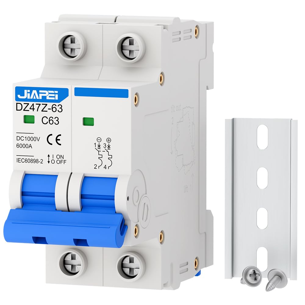 DC Miniature Circuit Breaker, 1000V 2 Pole 63 Amp Isolator for Solar PV System, Thermal Magnetic Trip DIN Rail Mount, C63 DC Disconnect Switch