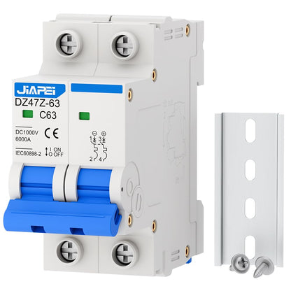 DC Miniature Circuit Breaker, 1000V 2 Pole 63 Amp Isolator for Solar PV System, Thermal Magnetic Trip DIN Rail Mount, C63 DC Disconnect Switch