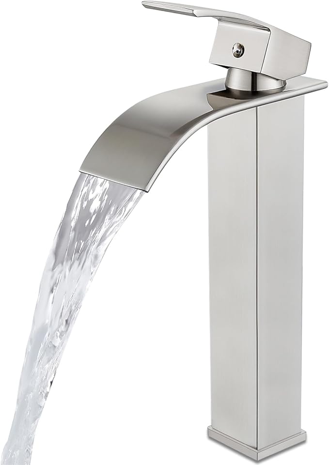 Midanya Waterfall Spout Bathroom Faucet Single Handle 1 Hole Bathroom Sink Faucet,Modern RV Lavatory Vanity Basin Tap with Water Hose,Tall Body,Brushed Nickel