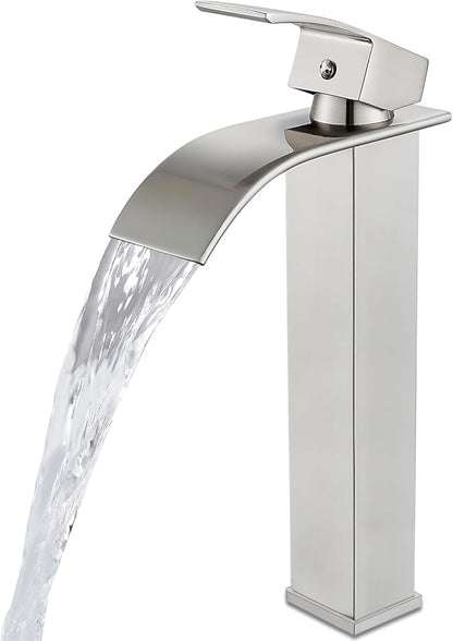 Midanya Waterfall Spout Bathroom Faucet Single Handle 1 Hole Bathroom Sink Faucet,Modern RV Lavatory Vanity Basin Tap with Water Hose,Tall Body,Brushed Nickel