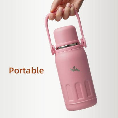 Insulated Water Bottle with Handle and Strap,Vacuum Travel Tumbler with Cup Lid,Thermo Coffee Cup for Hot Cold Drinks 50 OZ,Pink