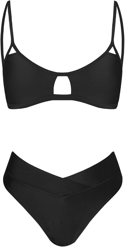 CUPSHE Bikini Set for Women Two Piece Swimsuits Cut Out High Waisted Scoop Neck V Cut Bottom