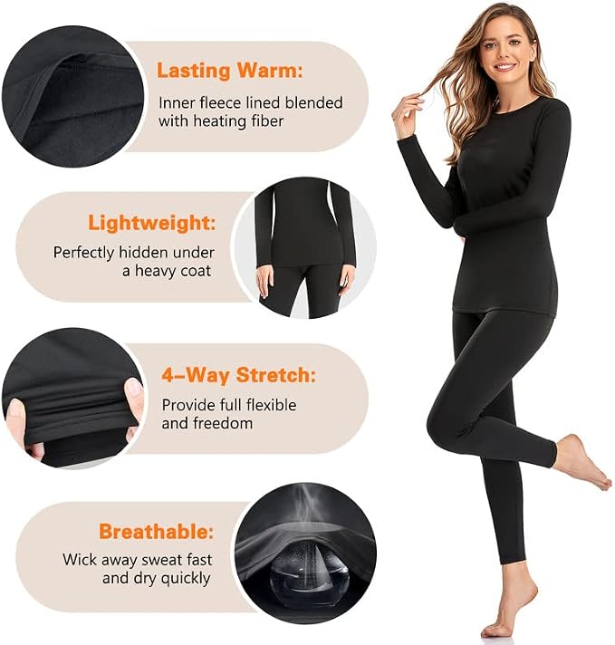 This fleece-lined thermal underwear set keeps you warm and comfortable, with moisture-wicking fabric and a soft, lightweight feel.
