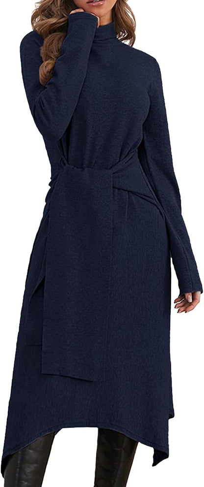Jayscreate Women's Fall Sweater Dress 2023 Long Sleeve Midi Tie Front A-Line High Waist Winter Business Casual Dress