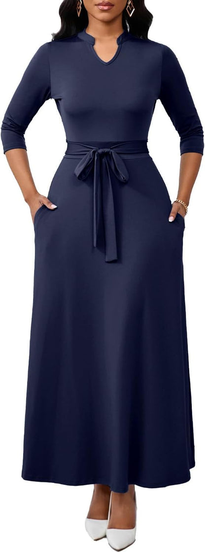 BubFee Maxi Dresses for Women Semi Formal Long Dress 3/4 Sleeve Casual A-line Church Dresses with Pockets