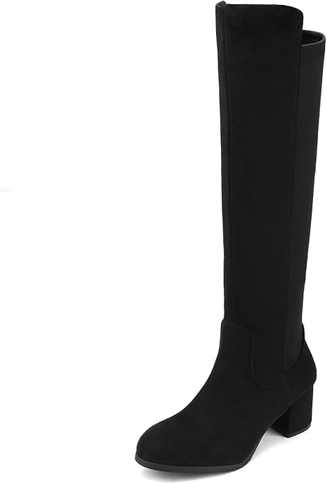 Soft suede upper, faux fur lining, zipper closure for classic, fashionable, warm, and comfortable knee-high boots.