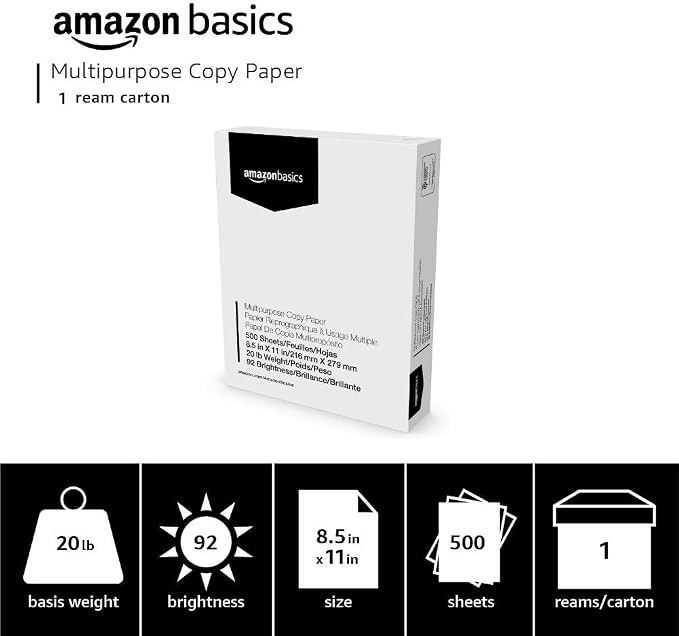 Basics Multipurpose Copy Printer Paper, 8.5 x 11 Inches, 20 lb, 92 Bright, White, 1 Ream (500 Sheets), Jam-Free