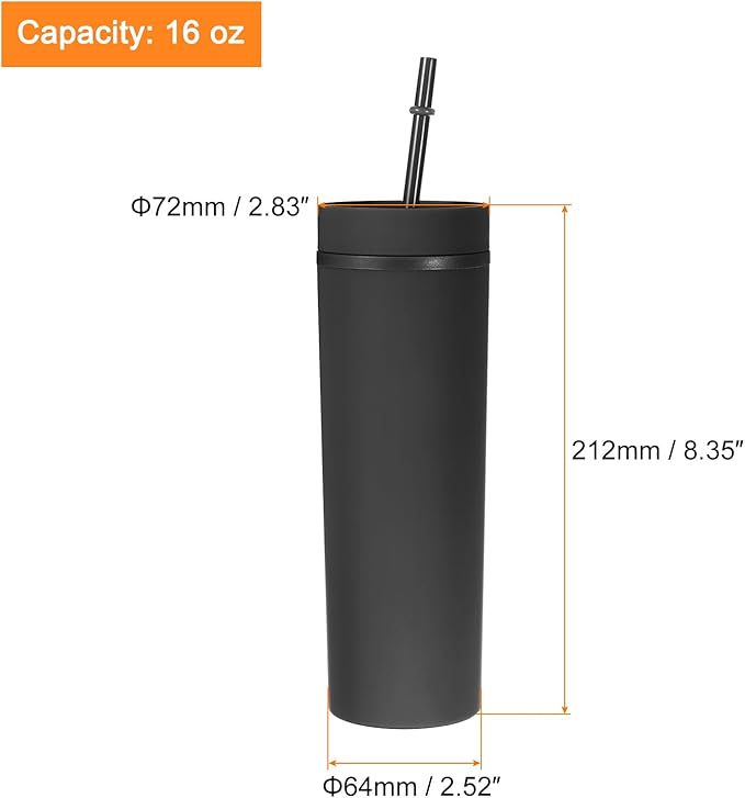 uxcell Skinny Tumbler with Lids and Straws, 16Oz Matte Black Skinny Tumbler Bulk, Reusable Pastel Acrylic Tumbler, Double Wall Plastic Tumbler for Cold Hot Drinks, Coffee DIY