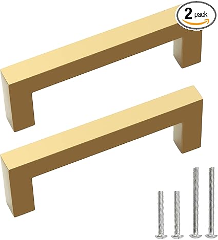 Cabinet Pulls Gold Cabinet Handles Square Drawer Pulls, 2 Pack 3-34 Inch Stainless Steel Kitchen Door Cupboard Cabinet Handles, Drawer Hardware Handles, 96mm Hole Centers