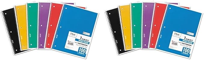 Mead Spiral Notebook, 1 Subject, Wide Ruled Paper, 100 Sheets, 10-12" x 8", Color Selected For You, 1 Count (05514) (Pack of 2)