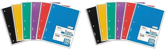 Mead Spiral Notebook, 1 Subject, Wide Ruled Paper, 100 Sheets, 10-12" x 8", Color Selected For You, 1 Count (05514) (Pack of 2)