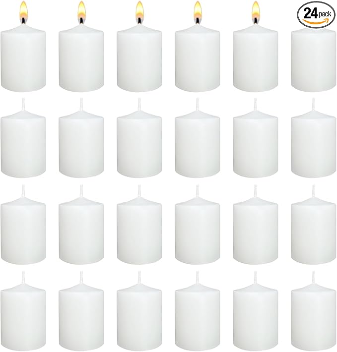 White Votive Candles Long Burn Time Unscented Candles Votives Bulk Pack of 24 Small Pillar Candles