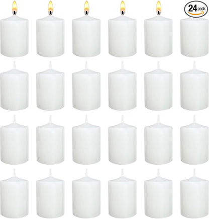 White Votive Candles Long Burn Time Unscented Candles Votives Bulk Pack of 24 Small Pillar Candles