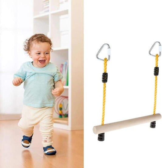LoveinDIY Children Trapeze Swing Bar with Rings Wooden Rope Rod Gym Playset for Kids