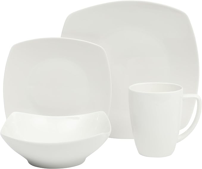Gibson Home Zen Buffet Porcelain Chip and Scratch Resistant Dinnerware Plates, Bowls, and Mugs Set White (Square Dishes)