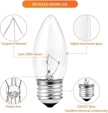 40W Incandescent Equivalent Energy Torpedo Tip Chandelier with Crystal Clear Incandescent Light Bulbs Tip Light Bulb and Medium E26 Candelabra Base (6)