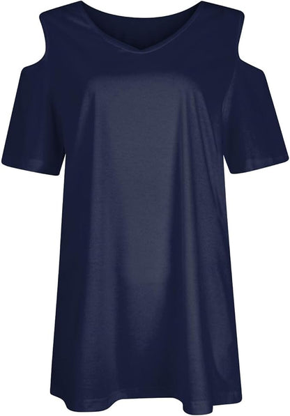 Womens Cold Shoulder Tops Short Sleeve Dressy Casual Shirts Summer Fashion V Neck Basic Tees