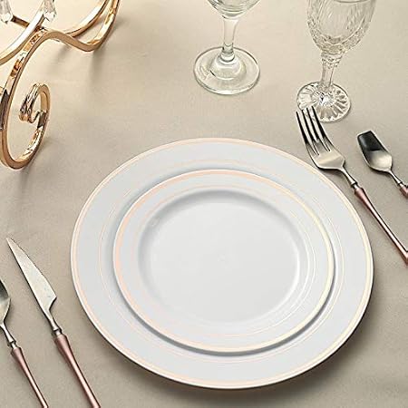 20 pcs 10-Inch White with Rose Gold Trim Plastic Round Plates - Disposable Wedding Party Reception Catering Tableware