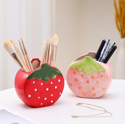 Pencil Holder, Ceramic Strawberry Pen Dispensers, Makeup Brush Holder, Table Organizer