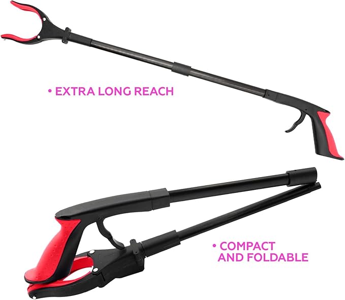 Grabber Tool 32" Aluminum Magnetic Claw with LED Light, Lightweight Foldable Reacher Grabber Pickup Tool, Gripper Grabbers for Elderly Grab it Reaching Tool Trash Picker Grabber, Red, by Luxet