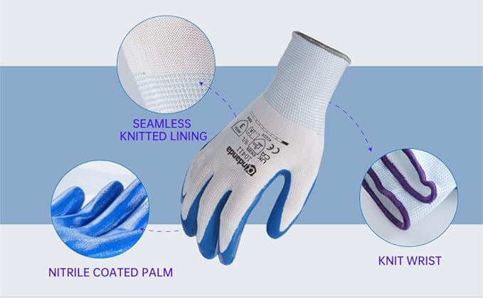 ANDANDA Safety Work Gloves, Seamless Knit Work Glove with Nitrile Rubber Coated on Palm  Fingers for Men  Women, Garden