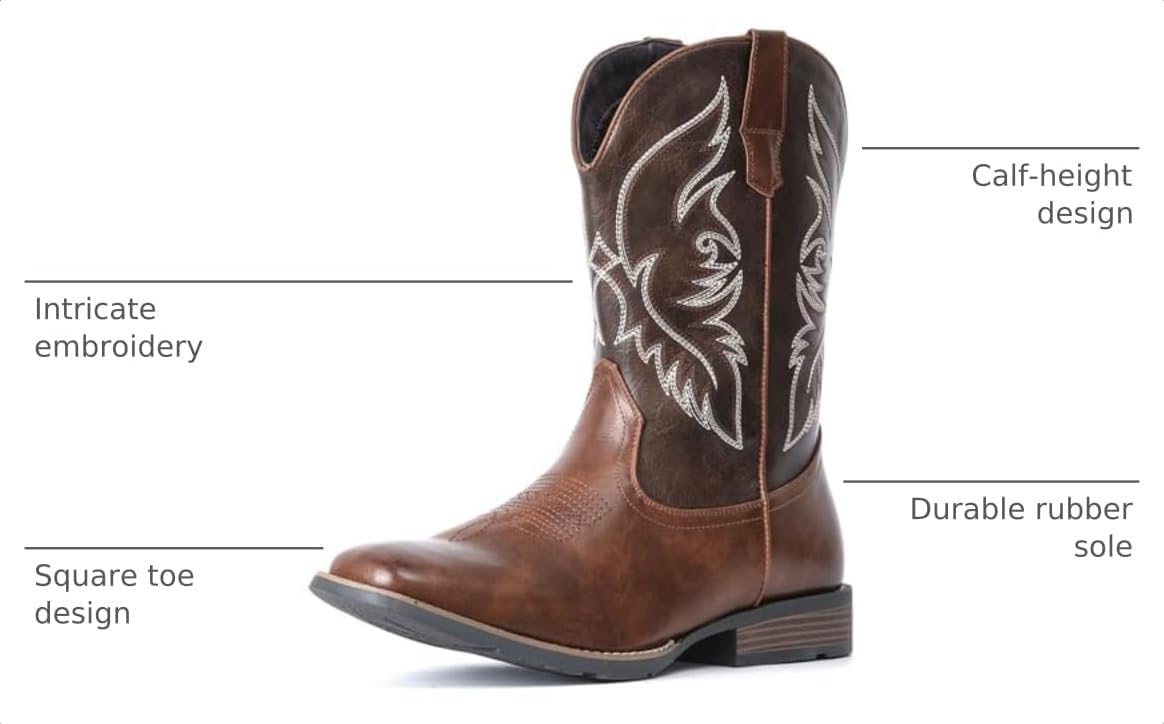 These durable, slip-resistant cowboy boots feature a square toe, classic embroidered design, and breathable cushioning for all-day wear.