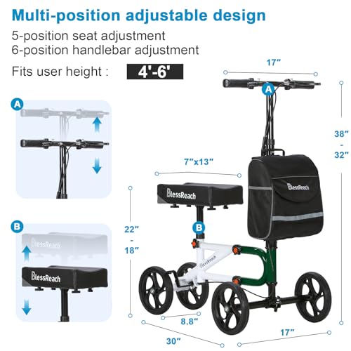 Knee Scooter Steerable Knee Walker for Foot Injuries Compact Crutch Alternative with Dual Braking System (Green)