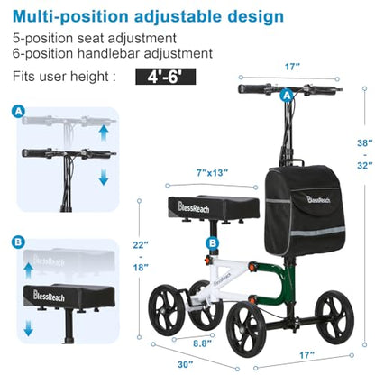 Knee Scooter Steerable Knee Walker for Foot Injuries Compact Crutch Alternative with Dual Braking System (Green)