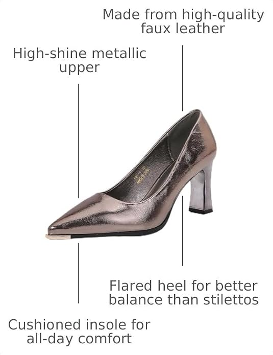 Women's Patent Block Heel Pumps, Pointed Toe with Metal Tip