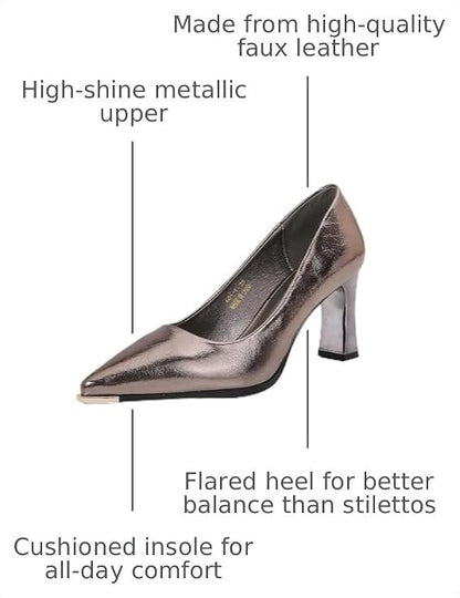 Women's Patent Block Heel Pumps, Pointed Toe with Metal Tip
