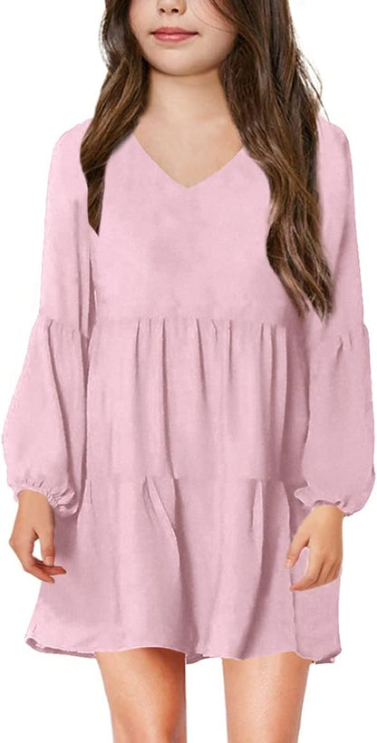 Imily Bela Girls Casual Tunic Dresses V Neck Long Short Sleeve School Party Swing Dress 5-14 Years