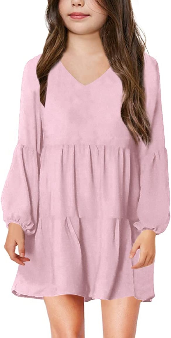 Imily Bela Girls Casual Tunic Dresses V Neck Long Short Sleeve School Party Swing Dress 5-14 Years