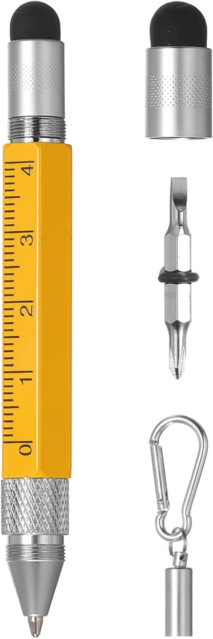 MECCANIXITY 6 in 1 Metallic Stylus Pen Aluminum Alloy Mini Capacitive Pens with Ballpoint Pen, Ruler, Screwdriver, Stylus, Keychain for Men and Women,Yellow