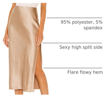 Skrtimory Womens Satin Silk High Waist Slit Midi Skirt Elastic Waistband Midi Skirts for Women.